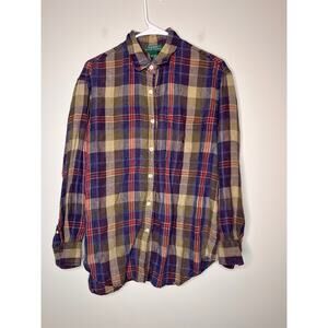 Lauren Ralph Lauren Earth Tones Fall Linen Plaid Madras Old Money Oxford Shirt M